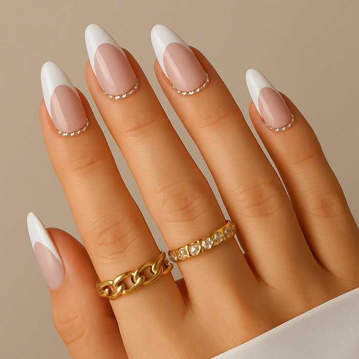 Classic French Tips with Rhinestones