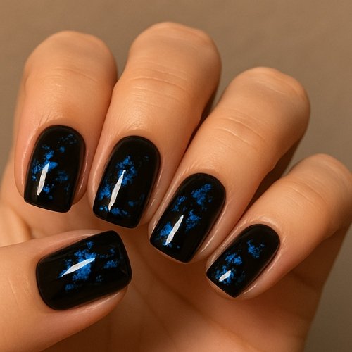 Black Base with Blue Foil Accents Nails