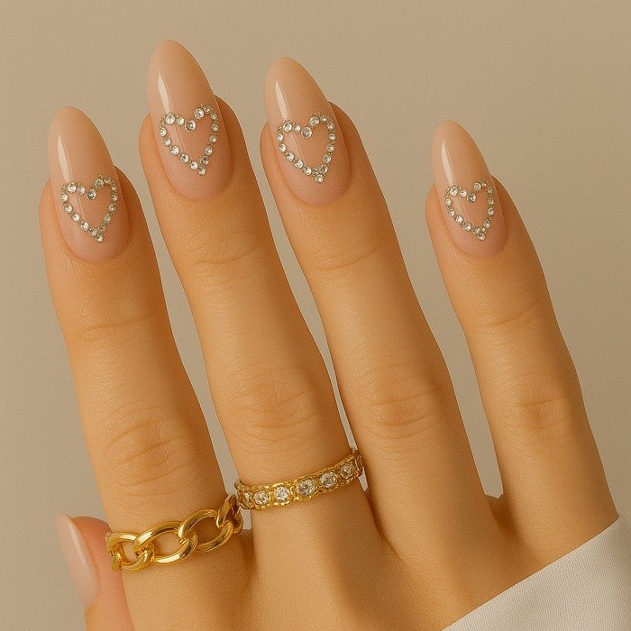 Heart-Shaped Rhinestone Nails