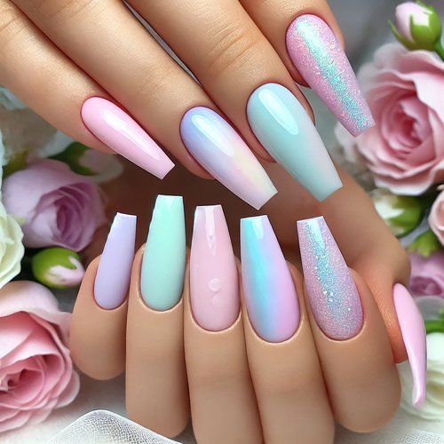 Pastel Rainbow Coffin Nails