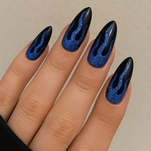 Black and Blue Flames Nails
