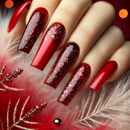 Red Coffin Nails with Glitter
