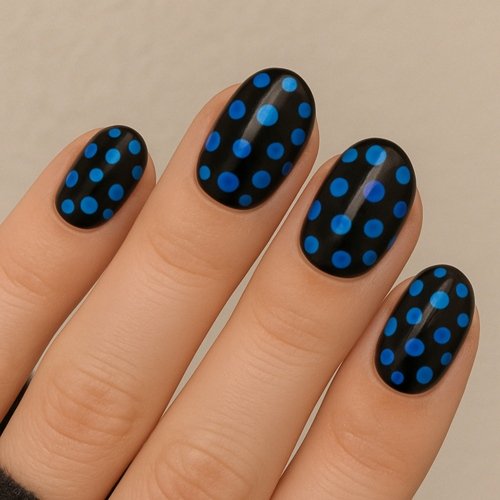 Blue Dots on Black Base Nails