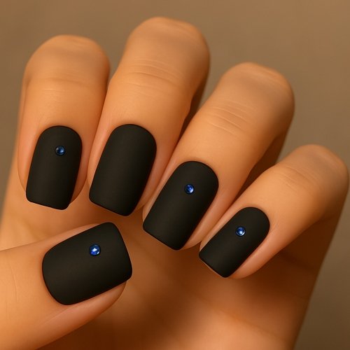 Matte Black Nails with Blue Rhinestones Nails