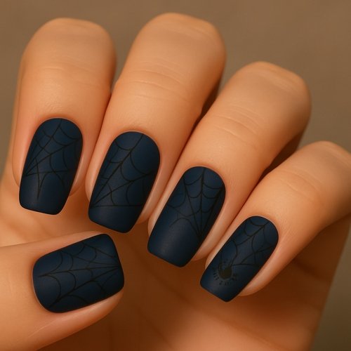 Navy Nails with Black Spider Webs