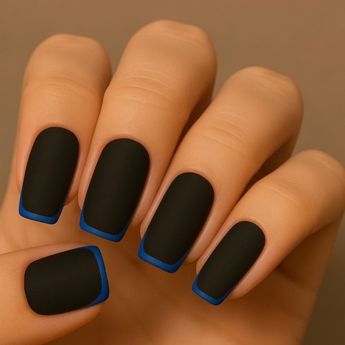 Black Nails with Blue French Tip Outline