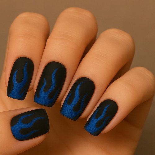 Blue Flames on Matte Black Nails