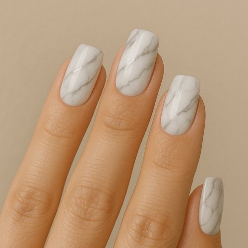 Silver and White Marble Nails