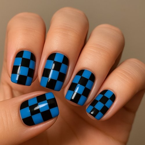 Checkerboard Black and Blue Nails