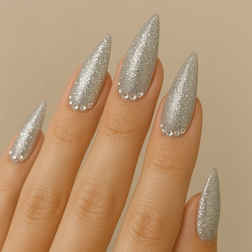 Silver Glitter Nails with Rhinestones