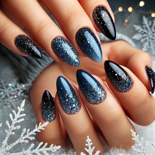 Dark Blue Winter Nails with Glitter Tips