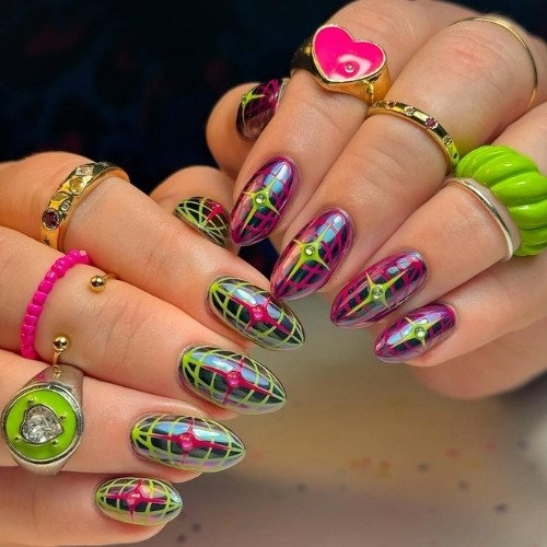 Funky Neon Grid Nails
