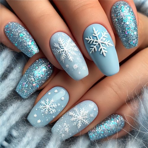 Ice Blue Nails with Glitter Snowflakes