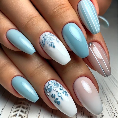 Light Blue and White Nails