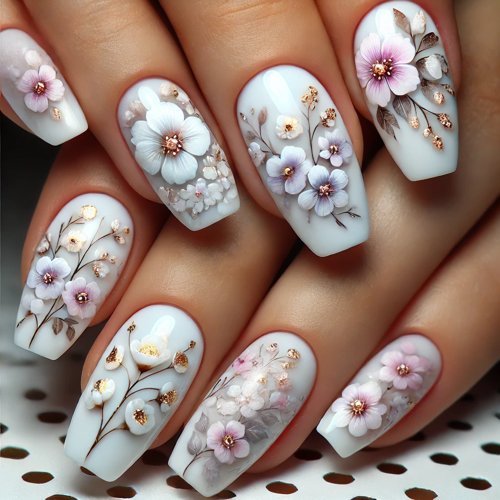  White Floral Nails