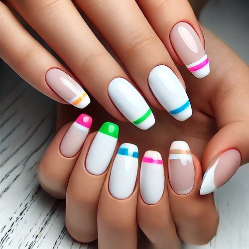 White Nail with Colorful Tips