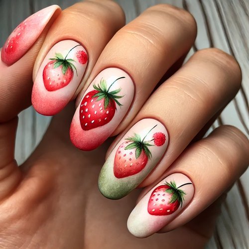 Watercolor Strawberry Nails