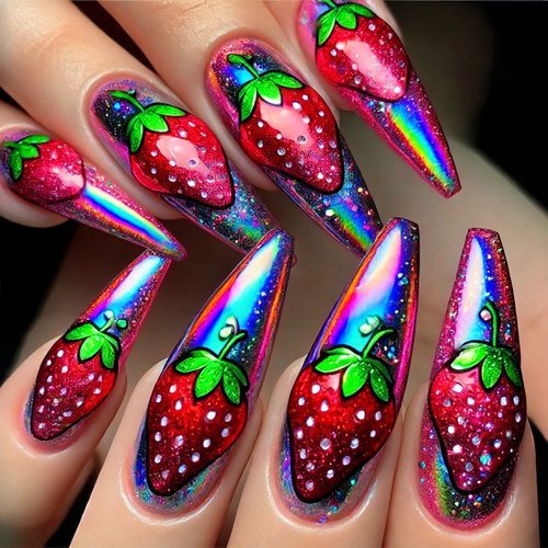  Holographic Strawberry Nails
