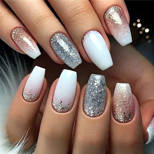  White Glitter Fade Nails
