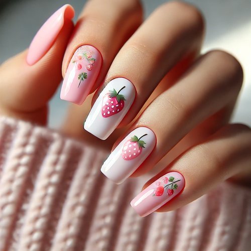 Pink Pastel Strawberry Nails