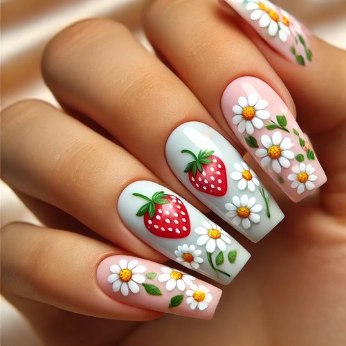 Strawberry & Daisy Nail Art