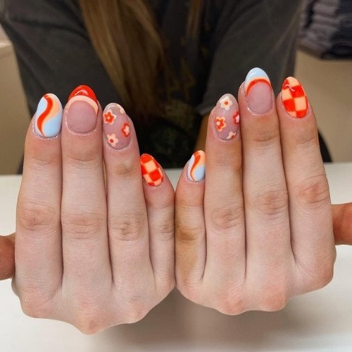 Orange Mix Pattern Nails
