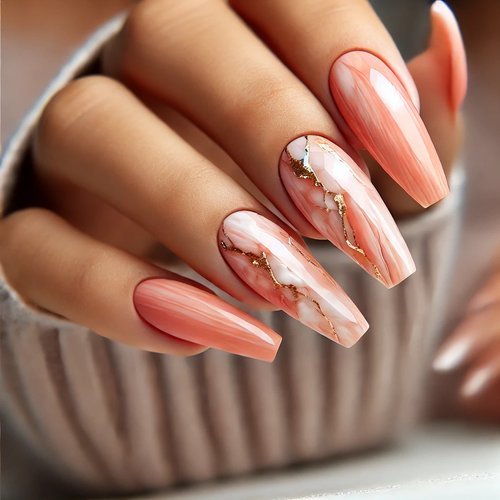Peachy Coral Marble Nails