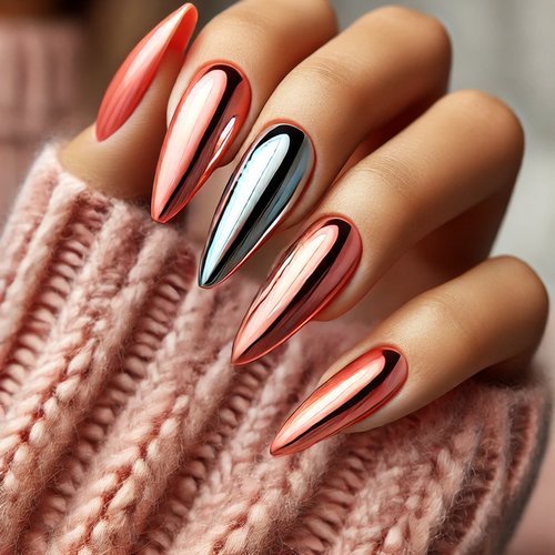 Peachy Coral Chrome Nails