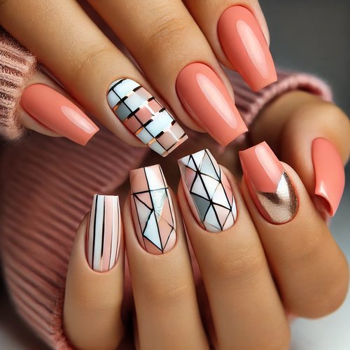 Peachy Coral Geometric Nails