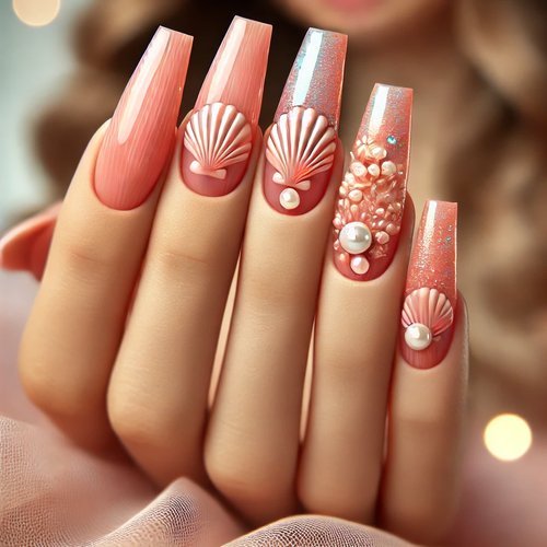 Peachy Coral Seashell Nails