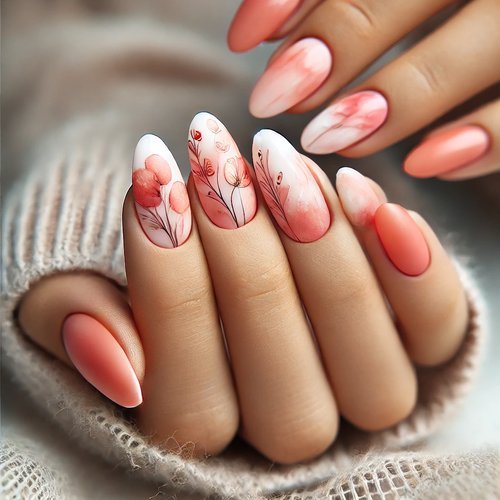 Peachy Coral Watercolor Nails