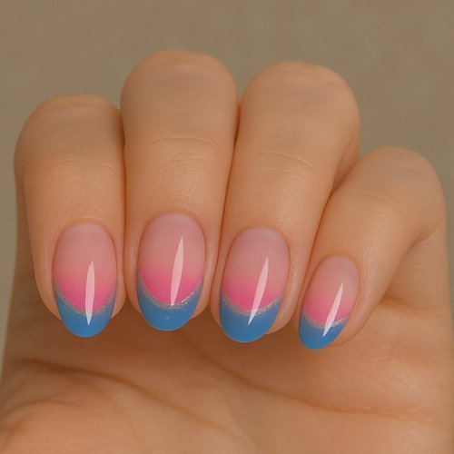 Pink and Blue French Fade Nails
