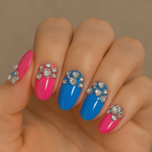 3D Pink & Blue Gems Nails