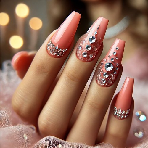 Peachy Coral Rhinestone Glam