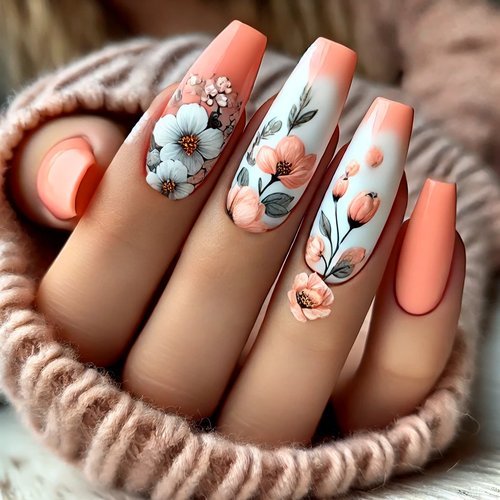 Floral Peachy Coral Nails