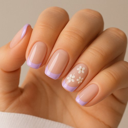 Lilac French Tips with White Florals
