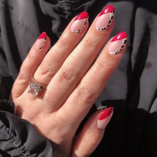Glitter Red French Tips with Dalmatian Dot Accents.