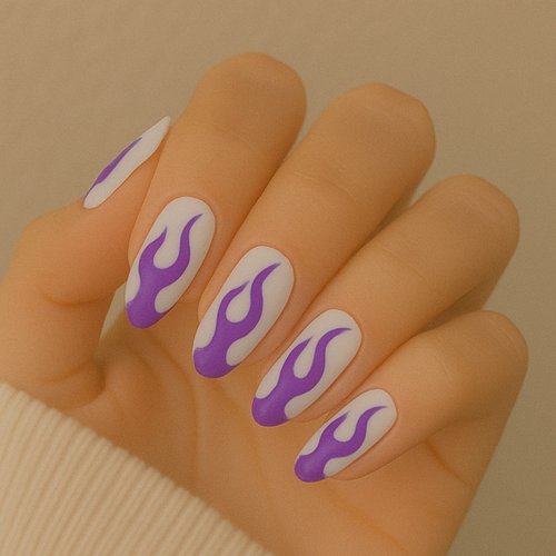 Purple Flames on White Nails