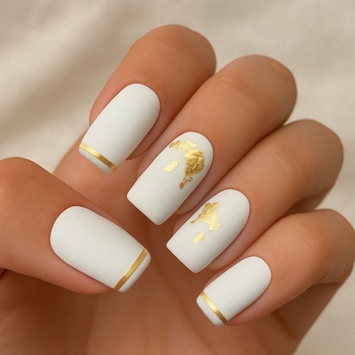 Matte White Nails with Gold Details