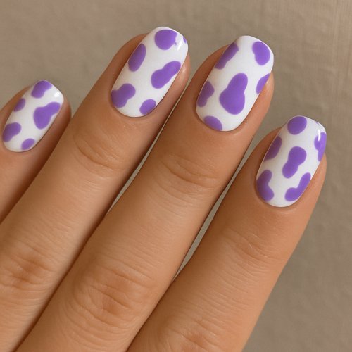 Purple and White Cow Print Nails