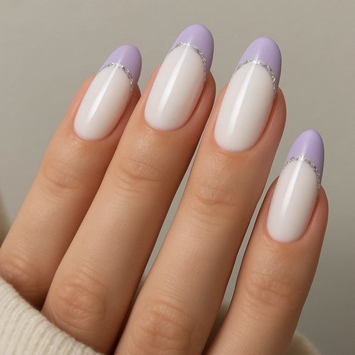 White Nails with Lavender Tips and Glitter Line