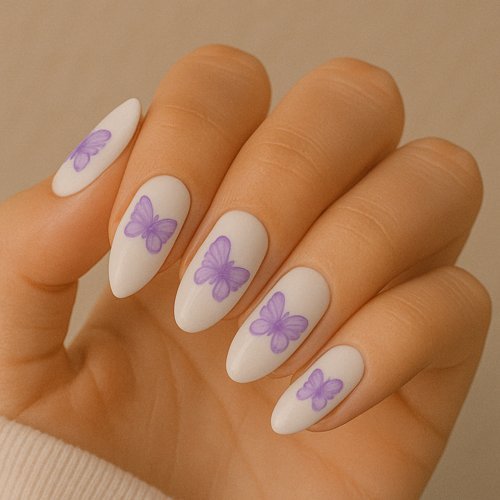 White Nails with Purple Butterfly Decals