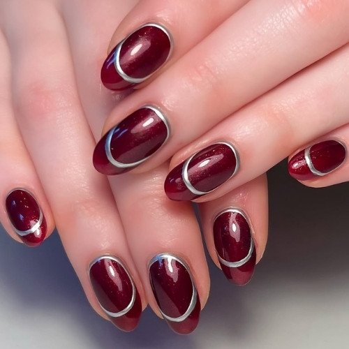 Crimson Nails with Silver Outlines