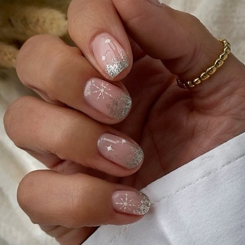 Soft Pink Snowflake Sparkle Nails