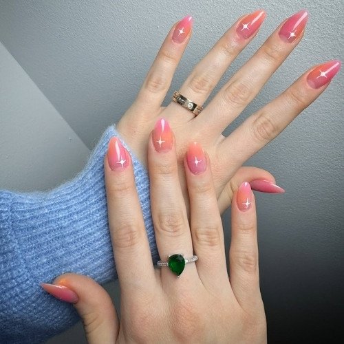 Glossy Pink Star Shine Nails