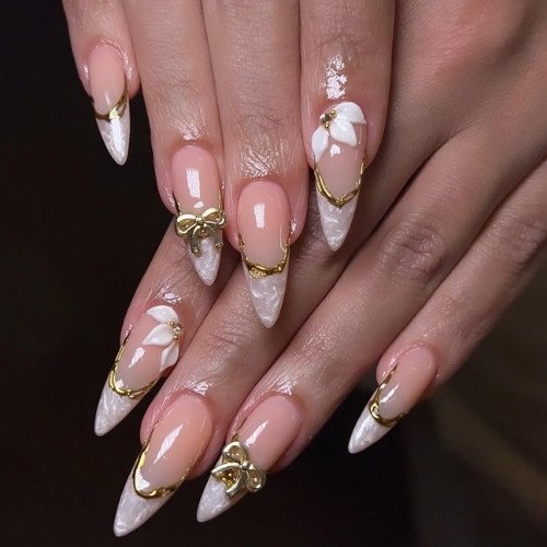 Blush Gold Bow French Nails