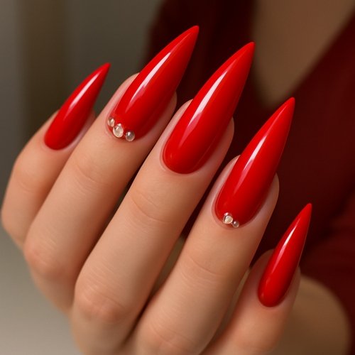 Red Stiletto Nails with Rhinestones