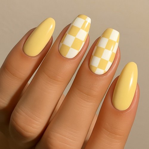 Checkerboard Nails in Butter Yellow