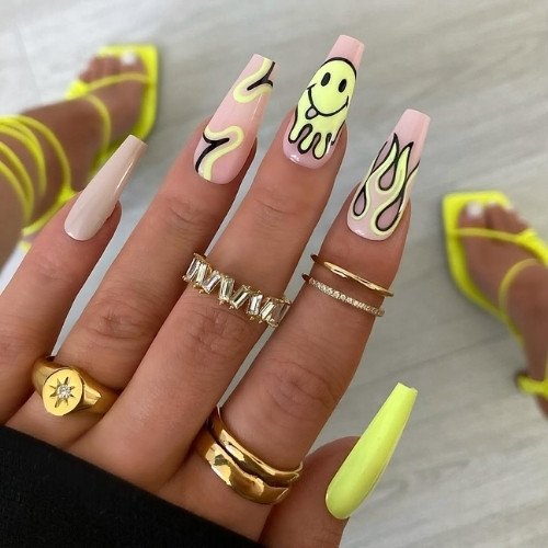 Neon Smile Flame Nails