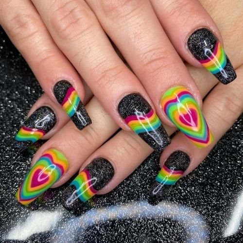 Neon Rainbow Heart Nails